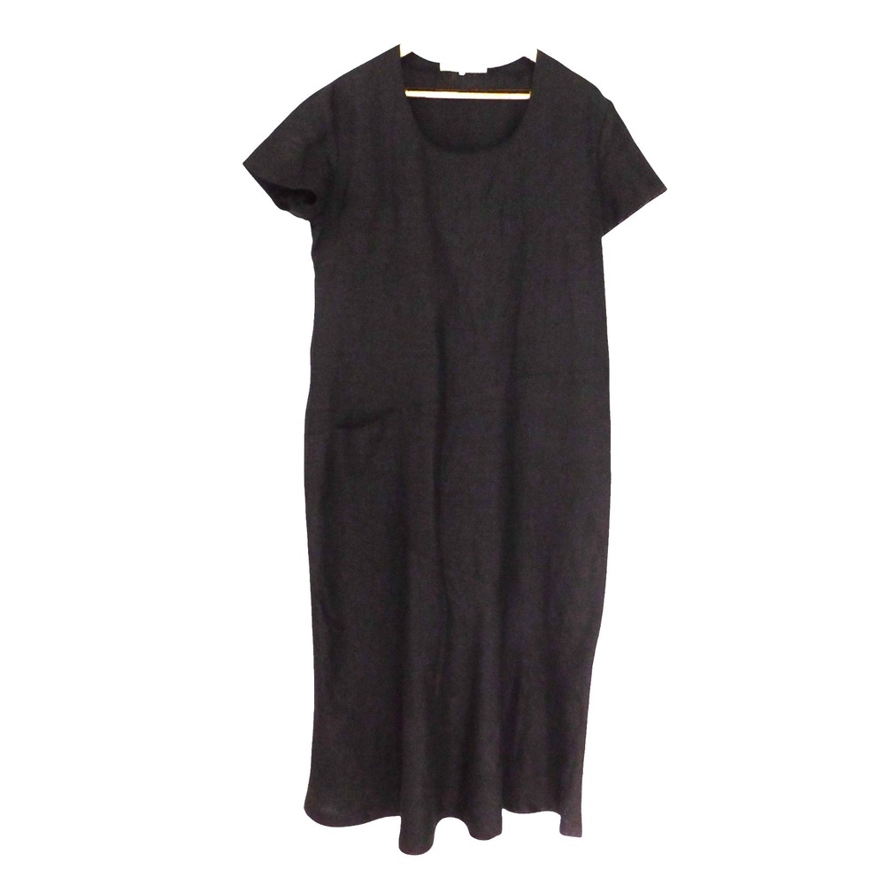 Vintage Black linen Lagenlook Dress Minimalist Short Sleeve Unlined Size Medium